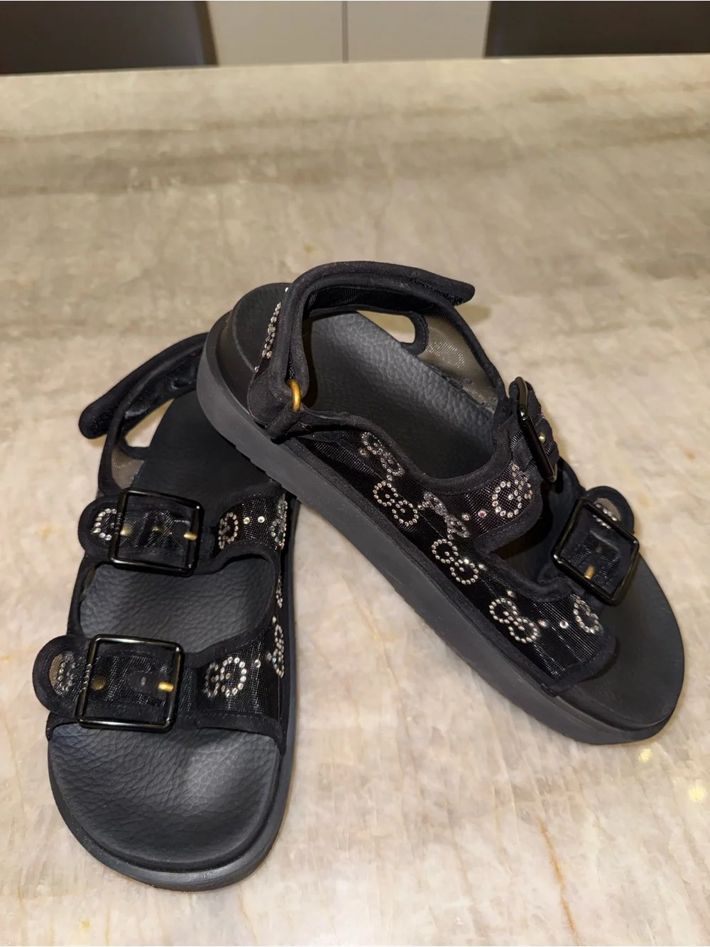 Authentic Gucci GG Crystal Mesh Platform Sandals Black Size 39 / US 9
